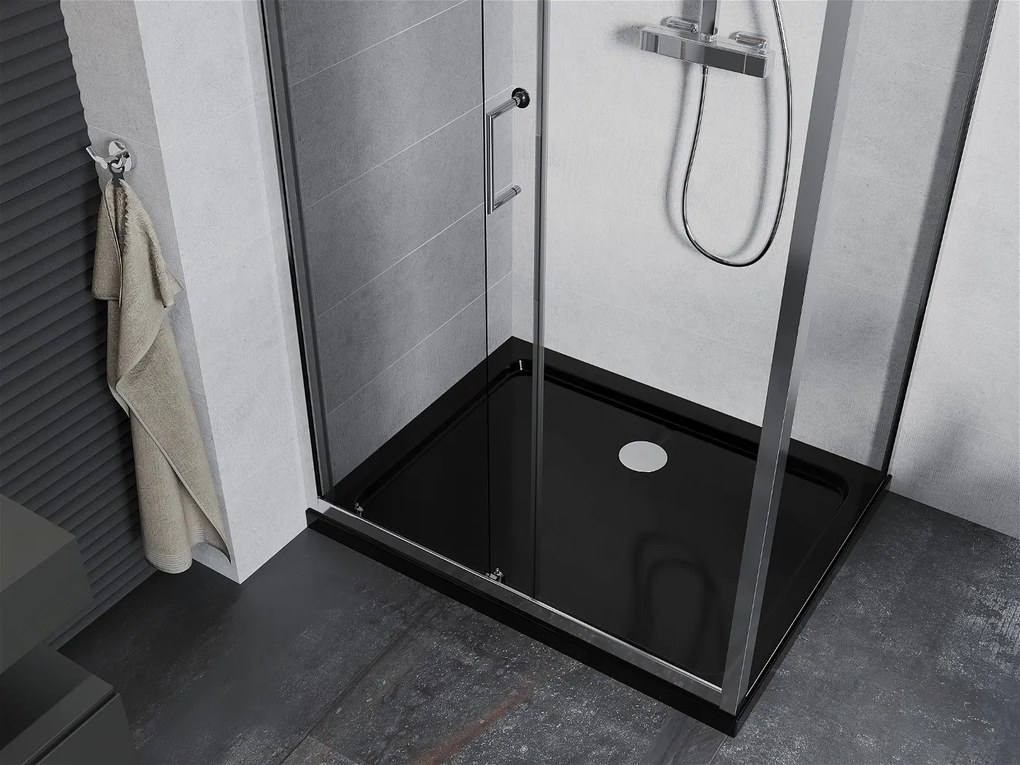 Mexen Apia sprchovací kút s posuvnými dverami 100 (dvere) x 90 (stena) cm, 5mm číre sklo, chrómový profil + čierna sprchová vanička s chrómovým sifónom, 840-100-090-01-00-4070