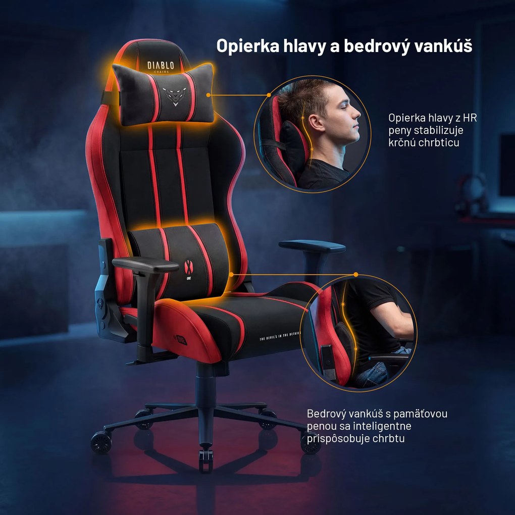 Herné kreslo z látkovým poťahom Normal Size, čierny-červený: Diablo X-One 2.0 Bloody Mary