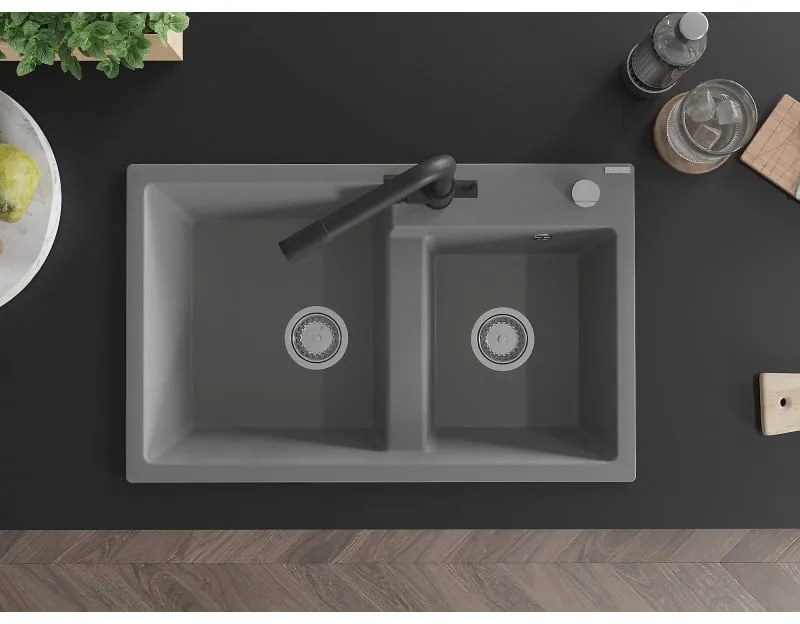 Mexen Tomas, granitový drez 800x500x190 mm, 2-komorový a čierna batéria Duero, šedá, 6516-71-671600-70