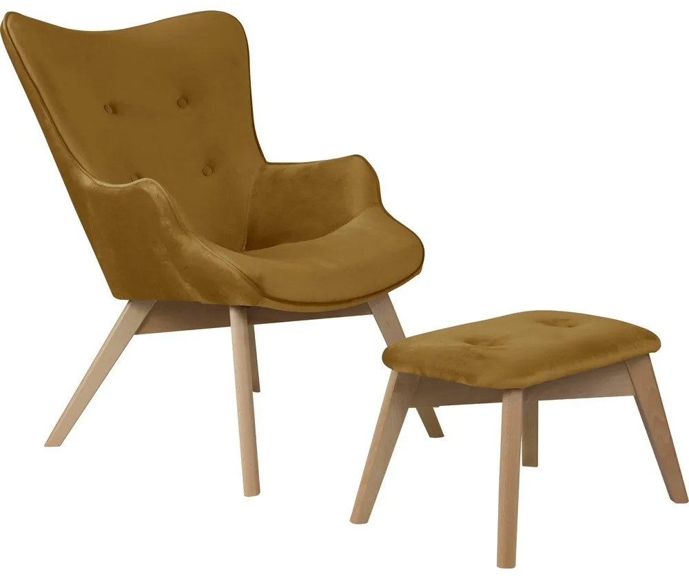Zamatové kreslo s podnožkou v horčicovej farbe Niko – Ropez