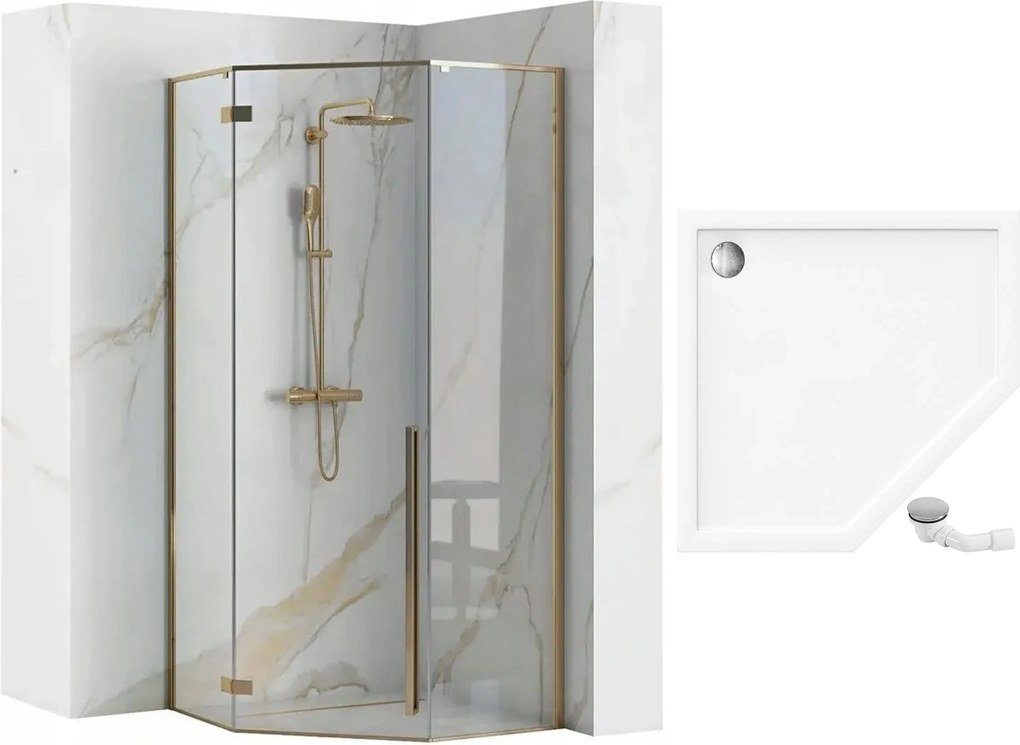 Päťuholníkový sprchový kút REA DIAMOND 90x90 cm, zlatý/transparent + vanička Diamond čierna