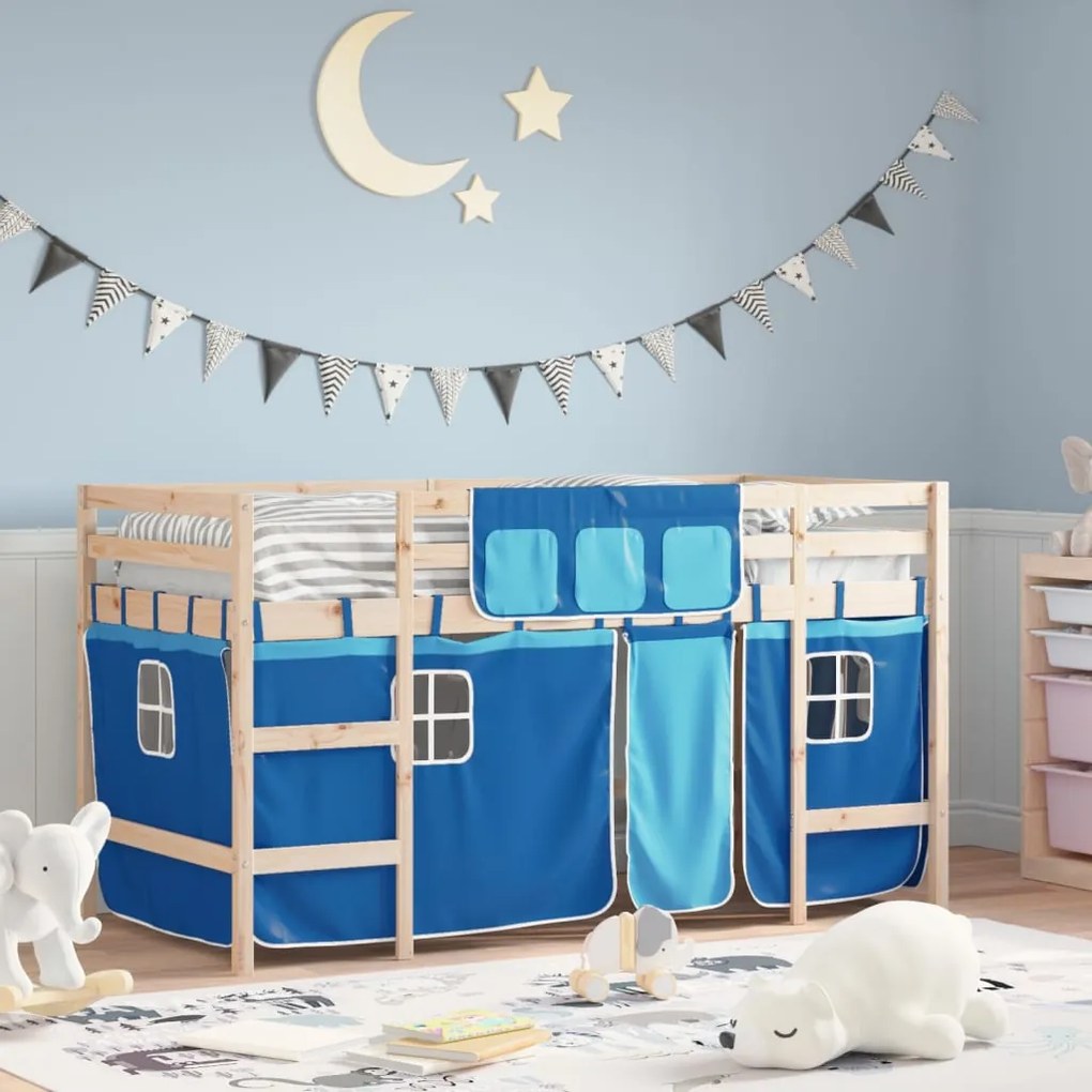 Detská vyvýšená posteľ závesy modrá 90x200 cm masívna borovica 3206965