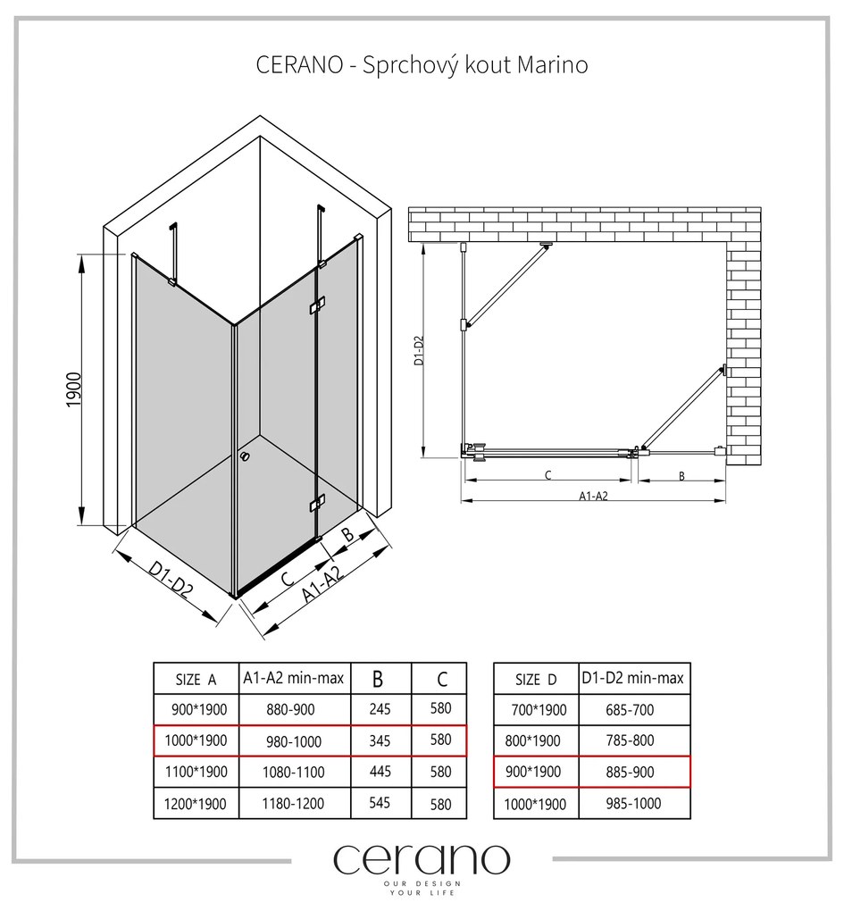 Cerano Marino, sprchovací kút 100(dvere) x 90(stena) x 190 cm, 6mm číre sklo, čierny profil, CER-CER-422877