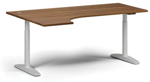 Výškovo nastaviteľný stôl OBOL, elektrický, 675-1325 mm, rohový ľavý, doska 1800x1200 mm, biela zaoblená podnož, orech