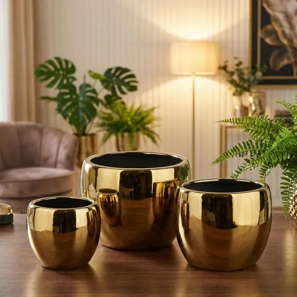 Sada 3 ks keramických květináčů NEVA GOLD XIII zlatá