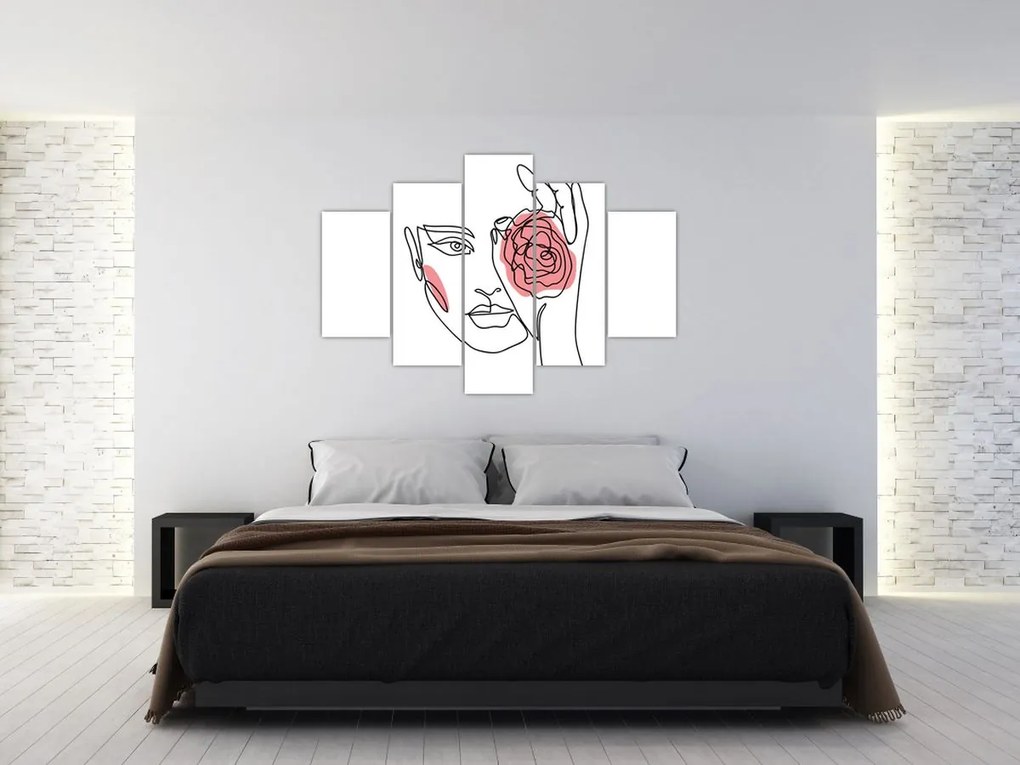 Obraz - Line art tvár s ružou (150x105 cm)
