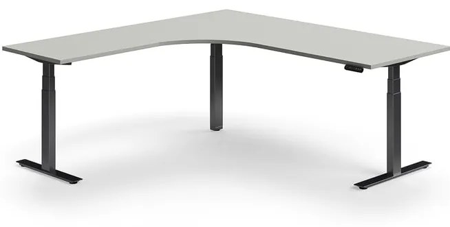 Výškovo nastaviteľný stôl QBUS, rohový, 2000x2000 mm, čierny rám, svetlošedá