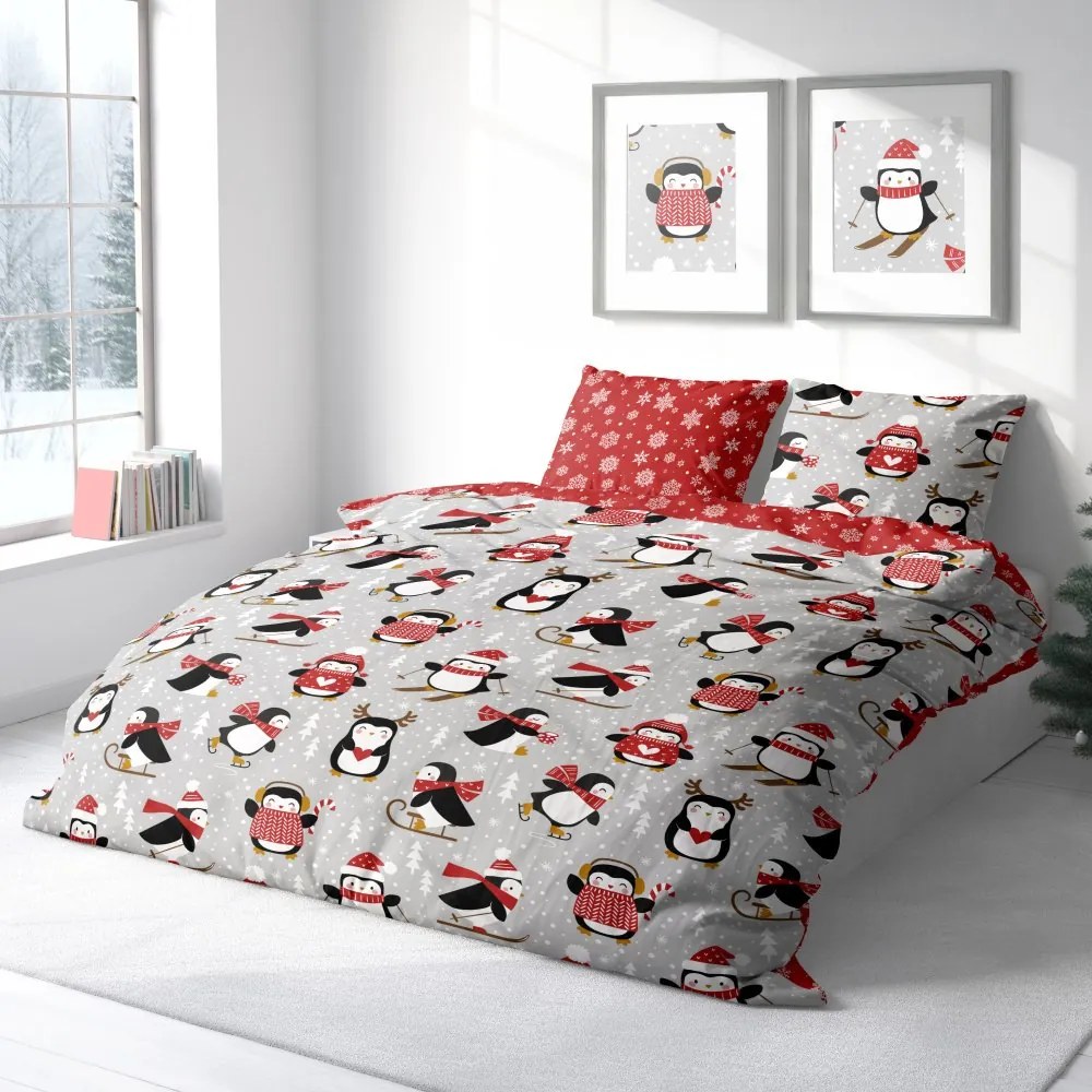Vianočné bavlnené posteľné obliečky – motív Tučniaky a snehové vločky - 100% bavlna - 70 x 90 cm + 140 x 200 cm