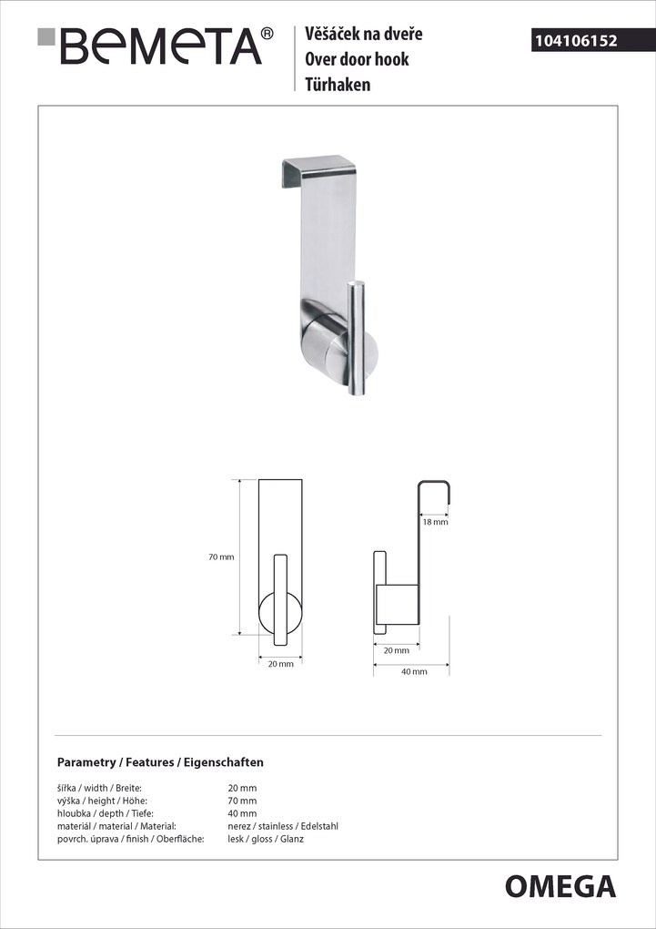 Bemeta Design OMEGA: Háčik, na dvere - 104106152