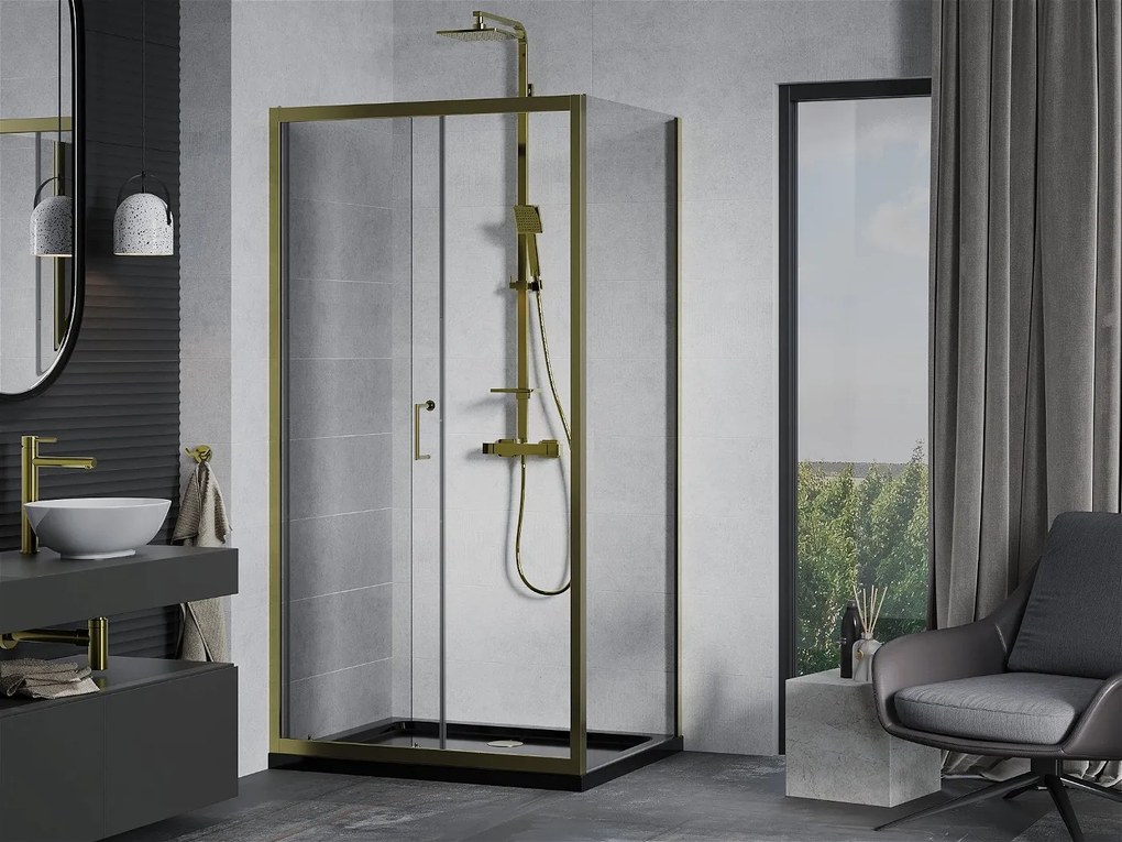 Mexen Apia sprchovací kút s posuvnými dverami 130 (dvere) x 70 (stena) cm, 5mm číre sklo, zlatý profil + čierna sprchová vanička SLIM, 840-130-070-50-00-4070G