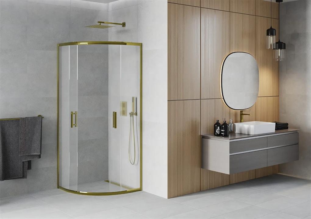 Mexen Rio, štvrťkruhový sprchovací kút 70(dvere)x70(dvere)x190 cm, 5mm sklo námraza, zlatý profil, 863-070-070-50-30