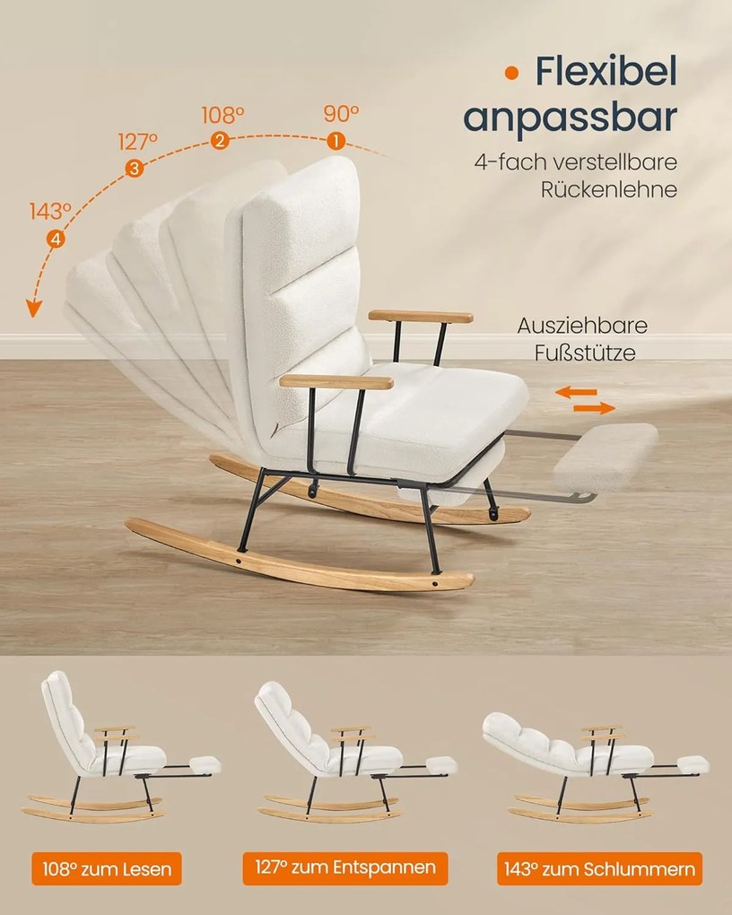 Hojdacie kreslo, plyšová látka, 4-polohové nastaviteľné, do 160 kg, krémovo biela farba