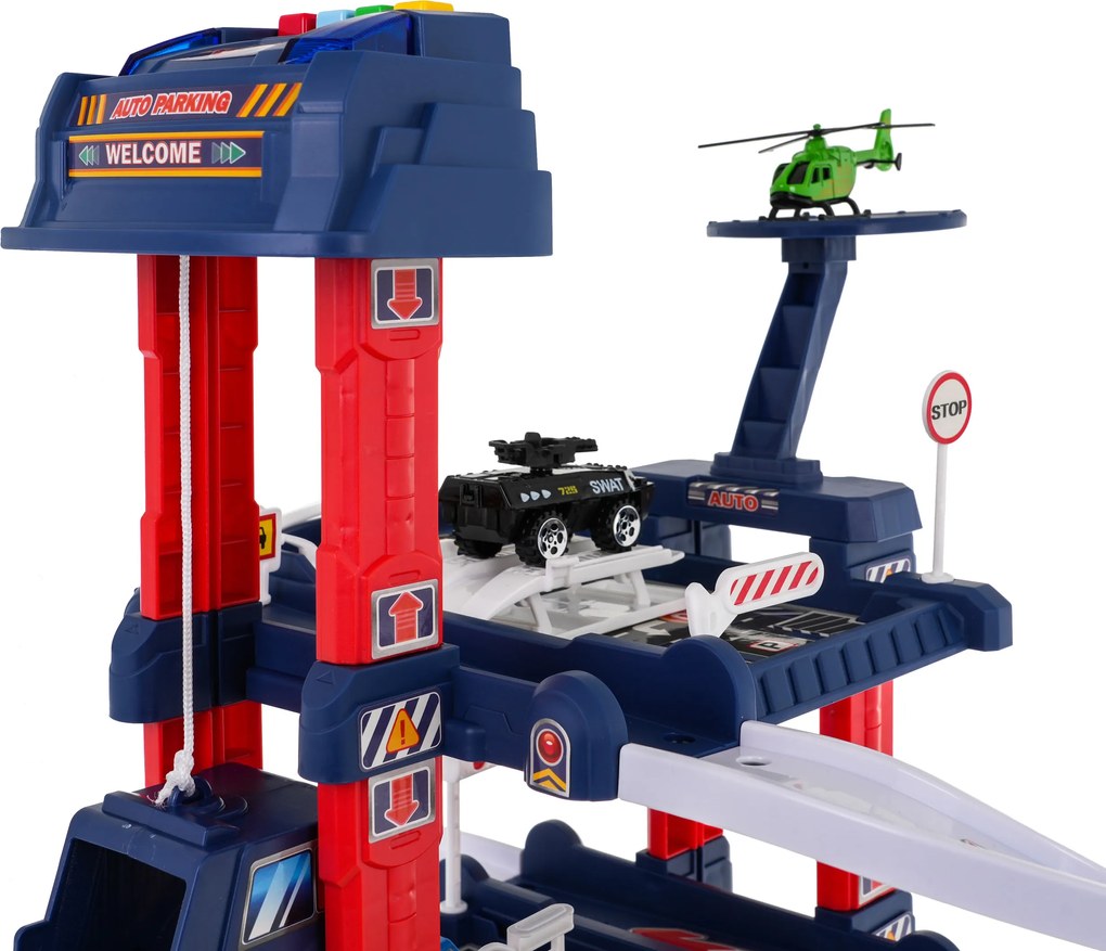 Ramiz Veľká interaktívna garáž pre deti 3+ Elektrický výťah + rohož + 2 kovové autíčka + príslušenstvo