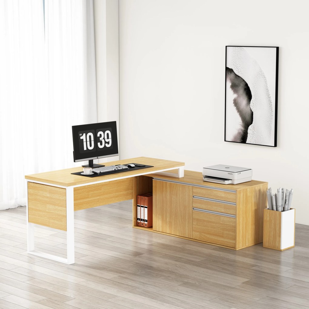 Rohový kancelářský stůl s komodou Houseland Nuvia Home 04 194 cm dub/bílý