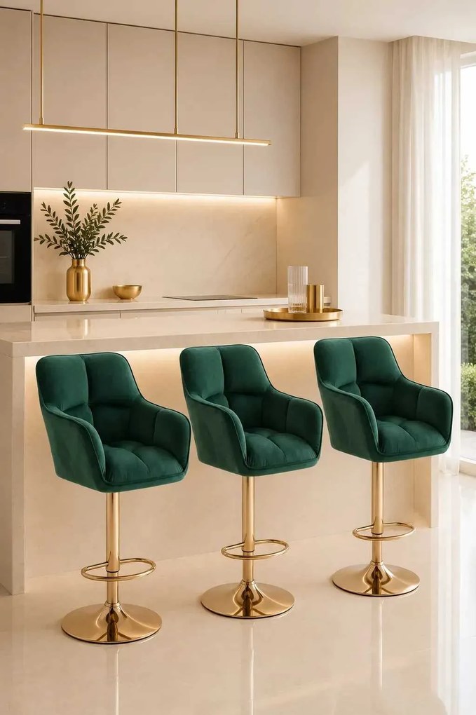 LuxuryForm DESIGN Barová stolička AMALFI VELUR na zlatom tanieri - zelená