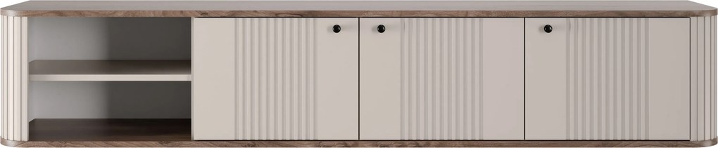 Závesná RTV skrinka Vesper 187 cm trojdverová - kasmír / orech / čierne úchyty