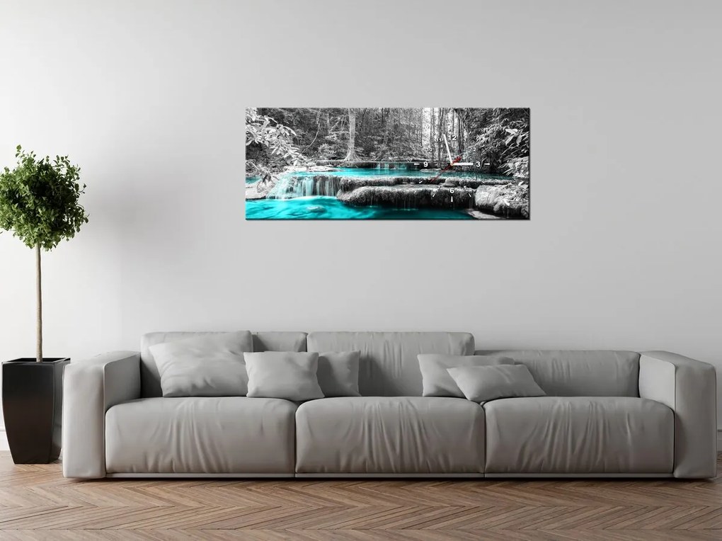 Gario Obraz s hodinami Modrý vodopád v džungli Rozmery: 100 x 40 cm