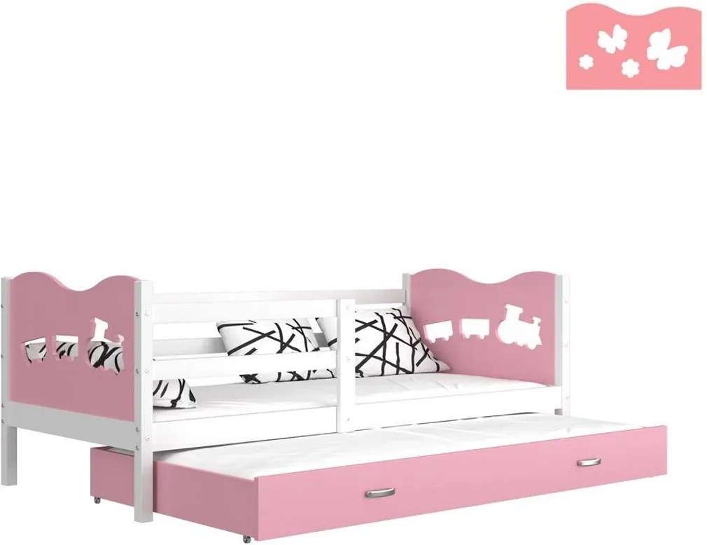 Expedo Detská drevená posteľ FOX P2 COLOR + matrac + rošt ZADARMO, 184x80 cm, biela/motýl/ružová