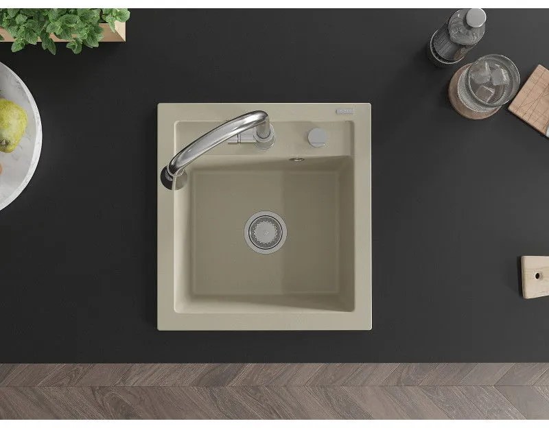 Mexen Vito, 1-komorový granitový drez 490x520x210 mm a drezová batéria Elia, béžová, 6503-69-670101-00