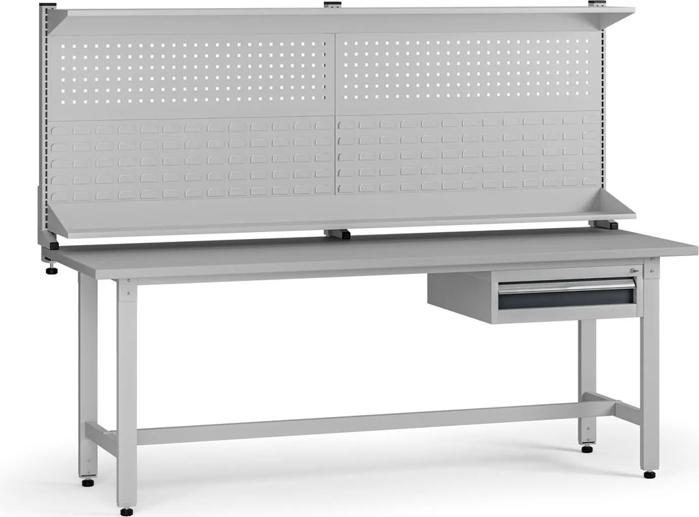 Výškovo nastaviteľný dielenský stôl G5 s nadstavbou, 2100 x 750 x 800-1000 mm, 1x kontajner, 1 zásuvka, grafit