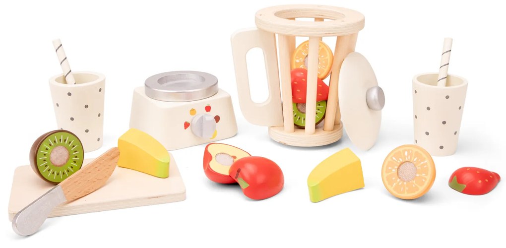 Drevený smoothie mixér s ovocím