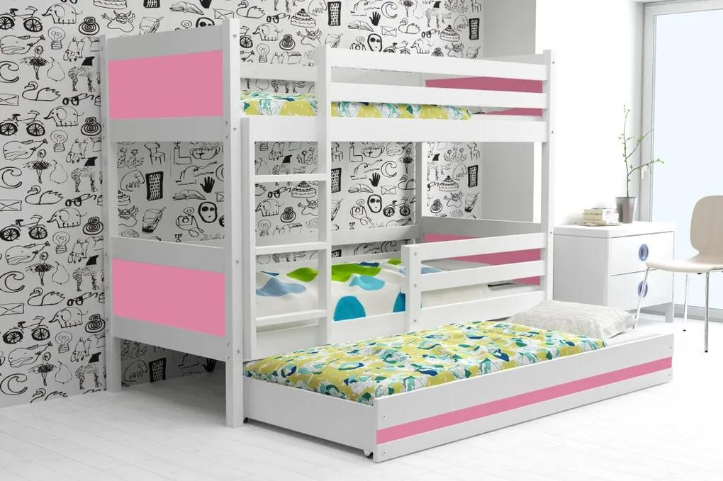 Poschodová posteľ s prístelkou RINO 3 - 190x80cm - Biely - Ružový