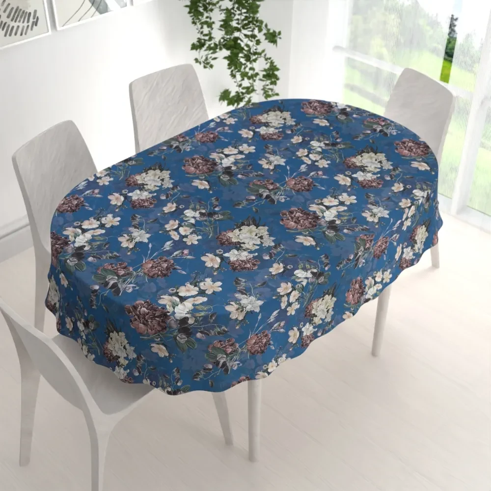 Biante Teflónový oválny obrus TF-061 Kvety na modrom 120x140 cm