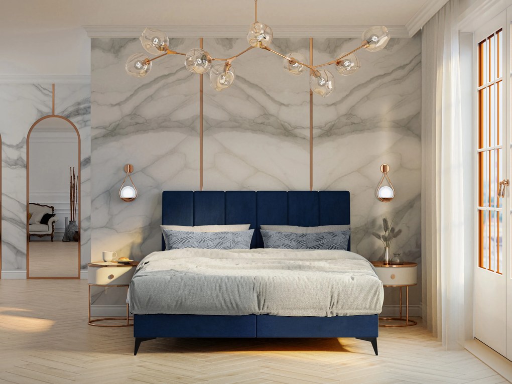 Manželská posteľ Boxspring 140 cm Axel (tmavomodrá) (s matracom a úl. priestorom). Akcia -19%. Vlastná spoľahlivá doprava až k Vám domov. 1043346