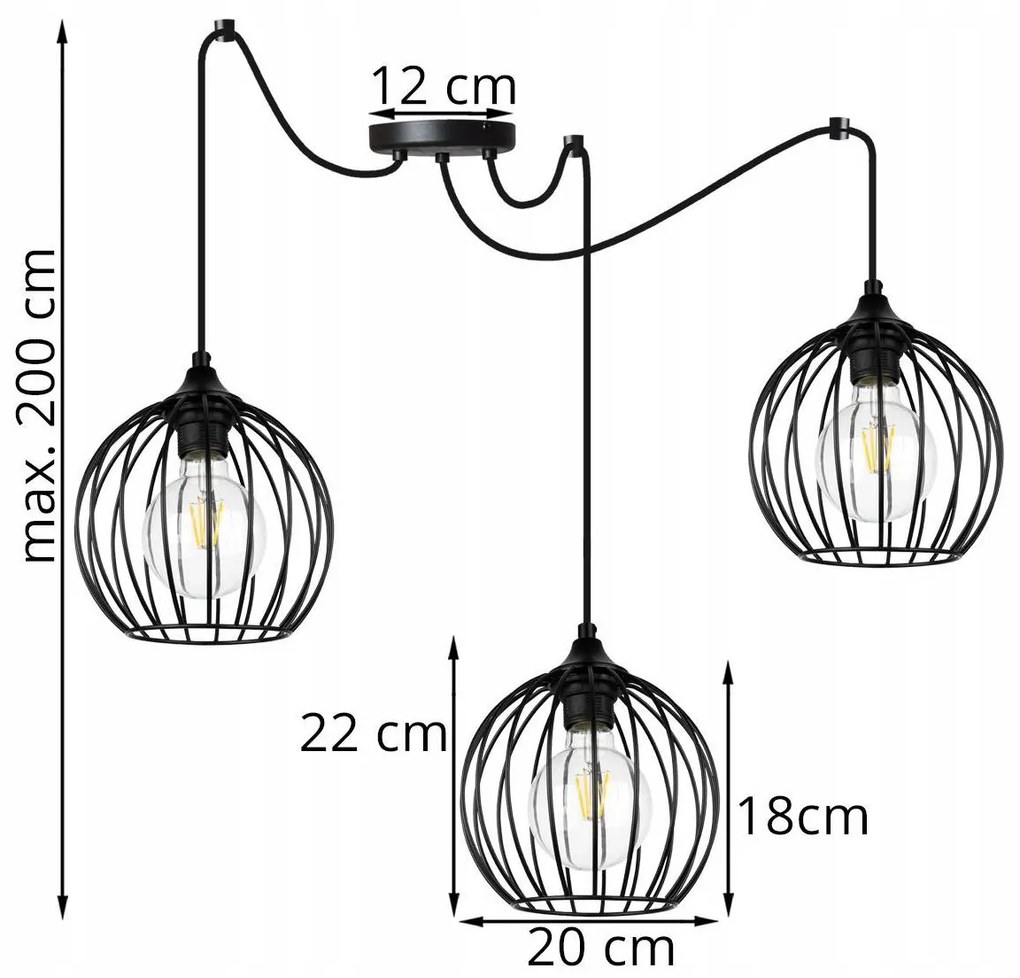 Závesné svietidlo TORONTO SPIDER, 3x čierne drôtené tienidlo