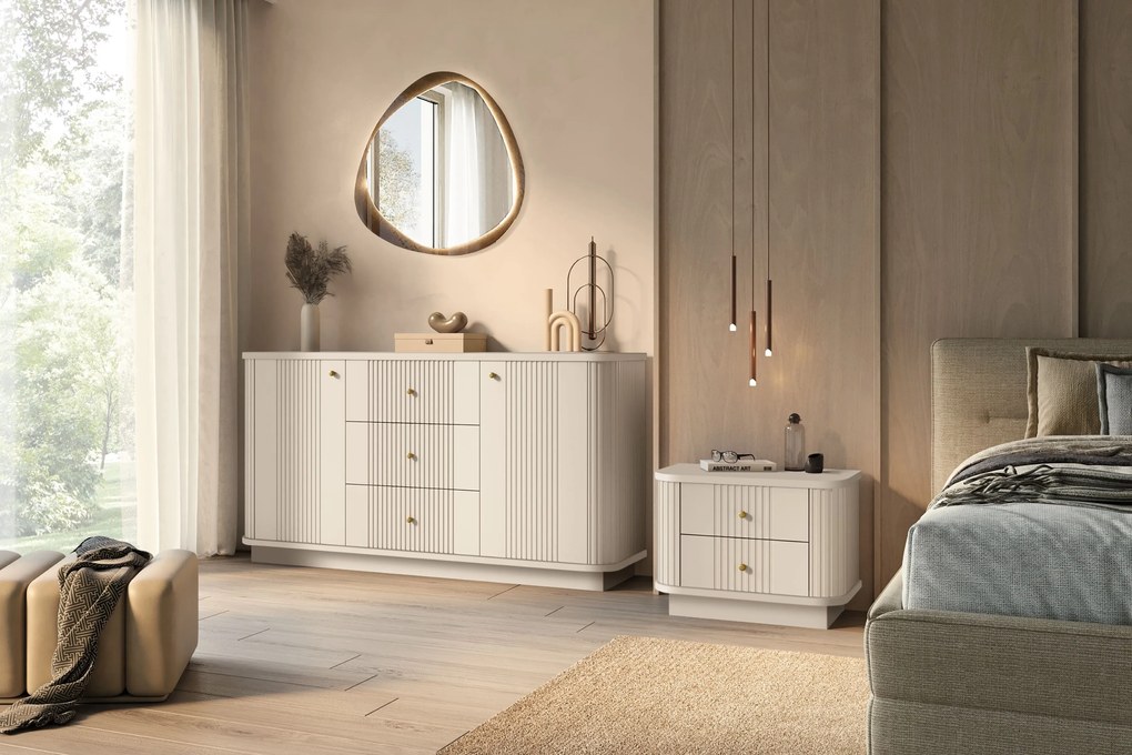 Komoda Vesper 160 cm so zásuvkami na sokli - kašmír / zlaté úchytky