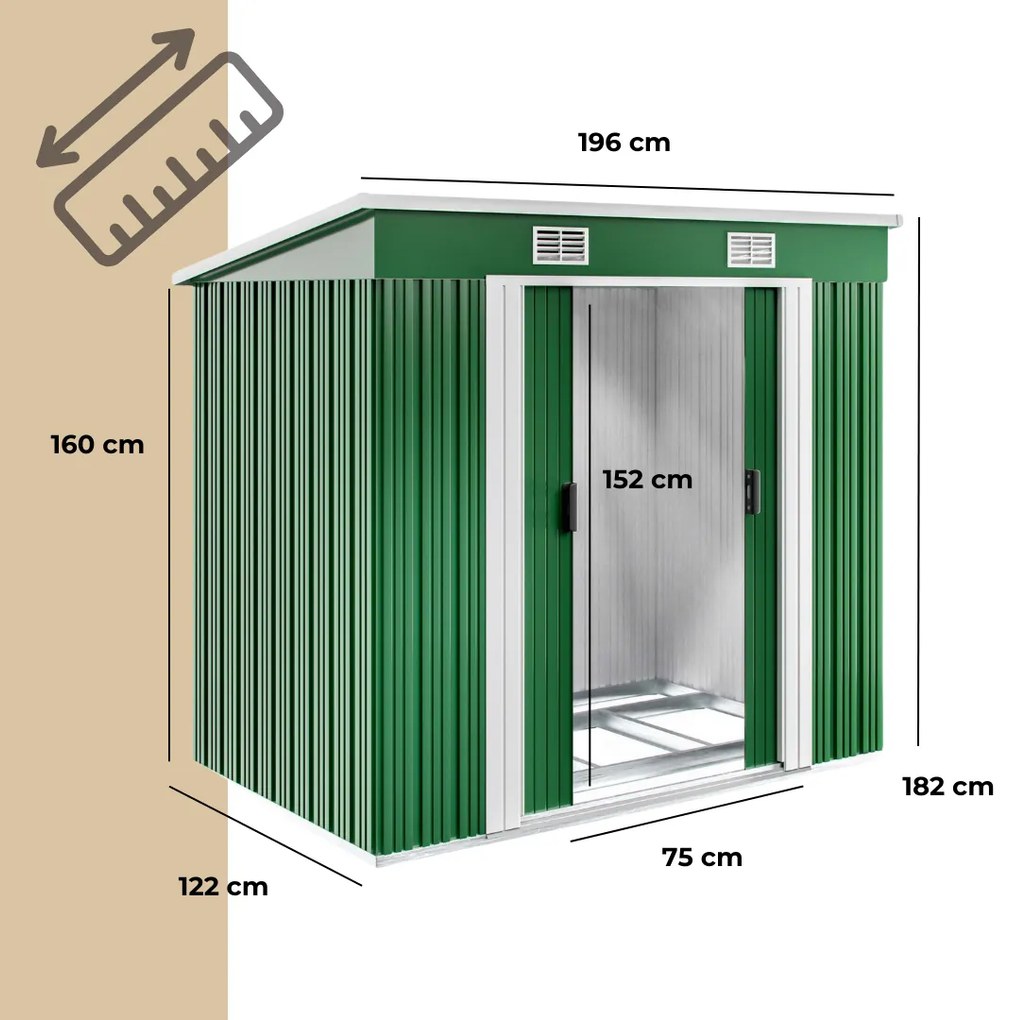 Záhradný domček na náradie L, 196x122x182cm, zelená Gardebruk