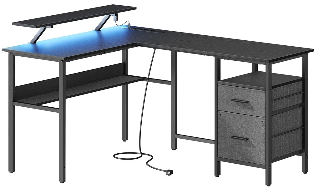 Písací a PC stôl v tvare písmena L so zásuvkami, rohový stôl s LED osvetlením, čierny