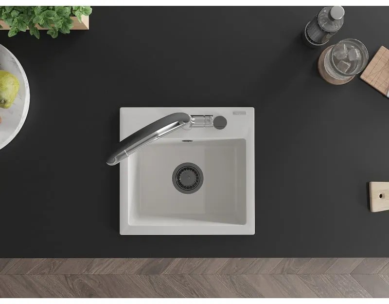 Mexen Milo, granitový drez 435x410x171 mm, 1-komorový a drezová batéria Duo, biela, 6505-20-671701-07-B