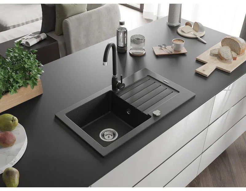 Mexen Pablo, 1-komorový granitový drez s odkvapkávačom 75x44 cm a kuchynskou batériou Telma, čierna-strieborná, 6510-73-670200-70