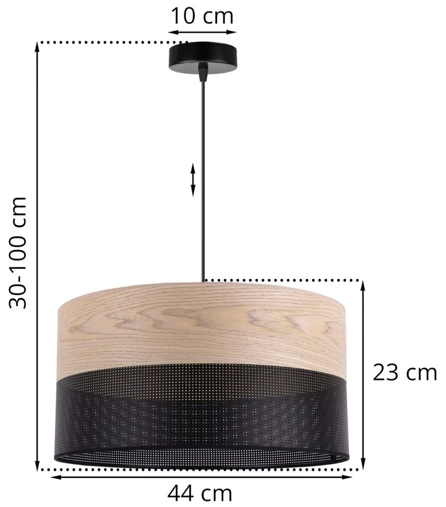 Závesné svietidlo Wood, 1x béžová dubová dýha/čierne PVC tienidlo, (fi 44cm)