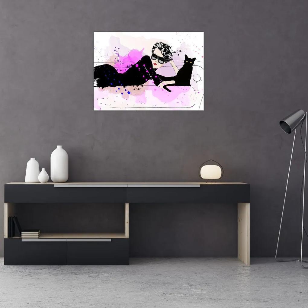 Sklenený obraz - Žena s čiernou mačkou (70x50 cm)