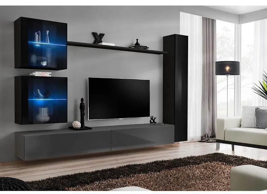 Obývacia stena Switch XVIII Sklo +LED čierna/Grafit