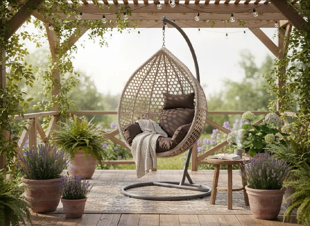 CH ZÁVESNÁ STOLIČKA, ŠEDÁ, VANKÚŠ – ŠEDÝ, RÁM – TMAVOSÉRY 107 x 68 x 120 CM