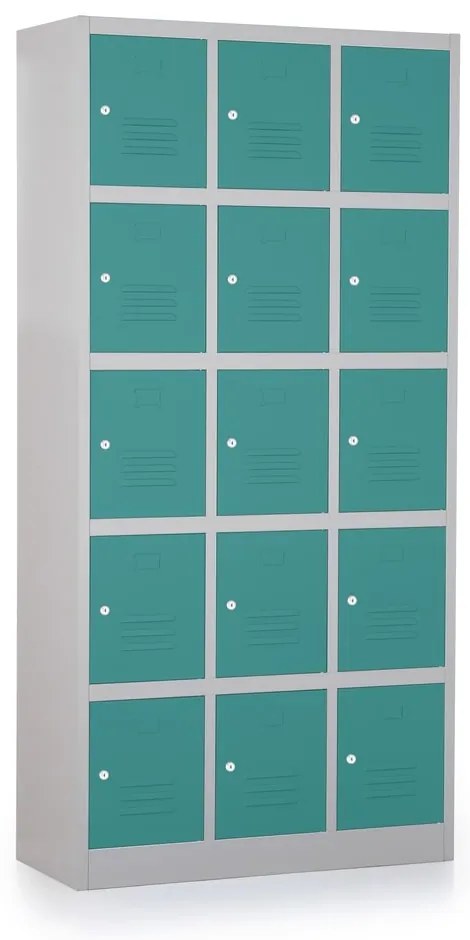 Kovová šatníková skrinka - 15 boxov, 90 x 40 x 185 cm, cylindrický zámok, zelená - ral 6033