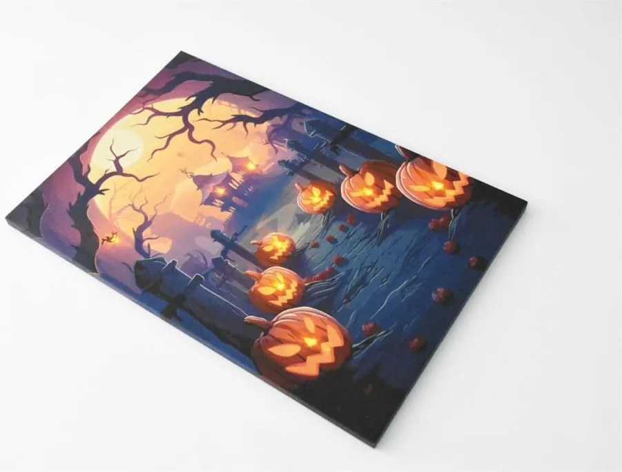 Nástenná maľba Pumpkin Cemetery, 9 LED diód, 60,5 x 40 cm