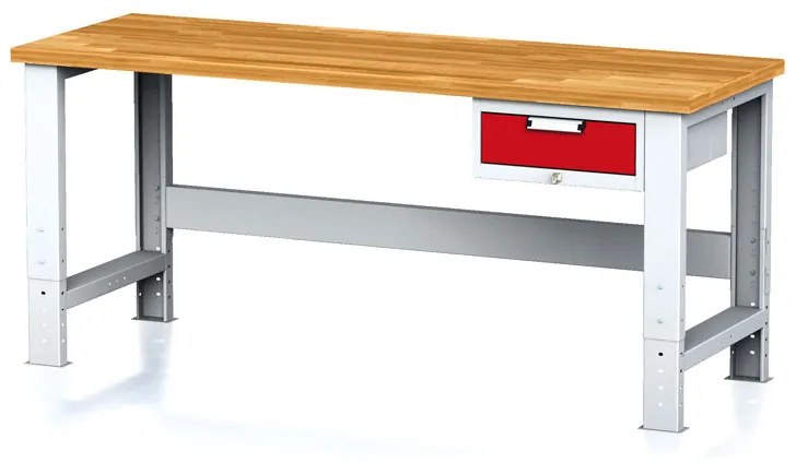Nastaviteľný dielenský stôl MECHANIC I, závesný box na náradie, 1 zásuvka, 2000x685x700-1055 mm, červené dvere