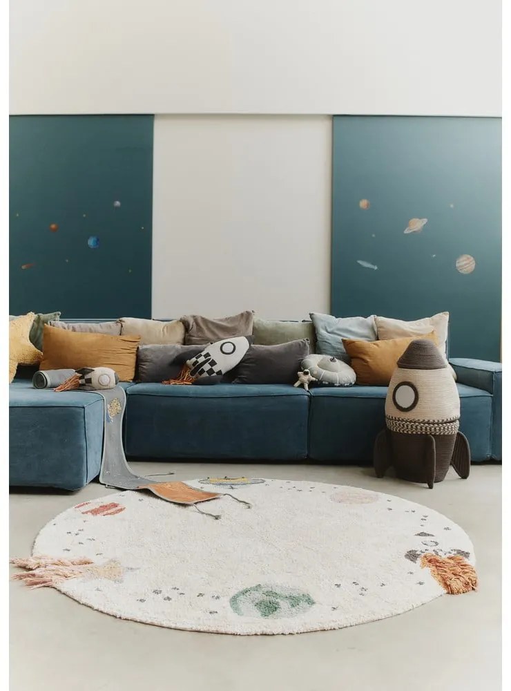 Krémový prateľný ručne tkaný bavlnený detský hrací koberec ø140 cm Interstellar Journey – Lorena Canals