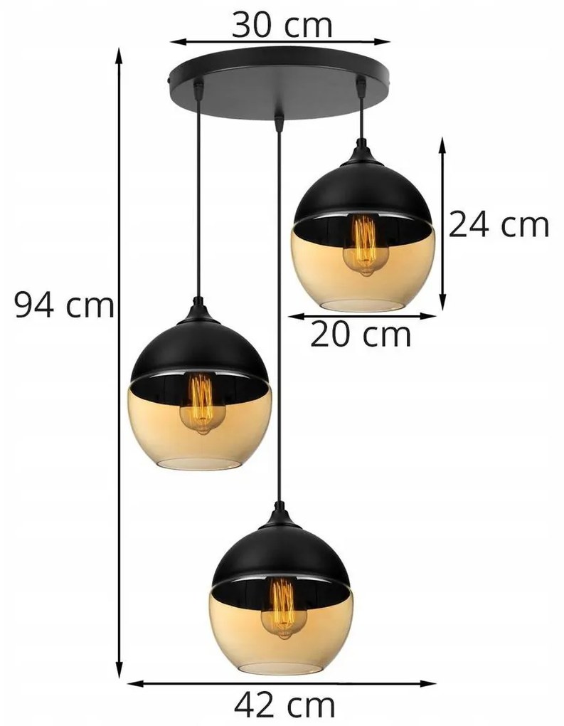 Závesné svietidlo OSLO, 3x čierne/medové sklenené tienidlo, O