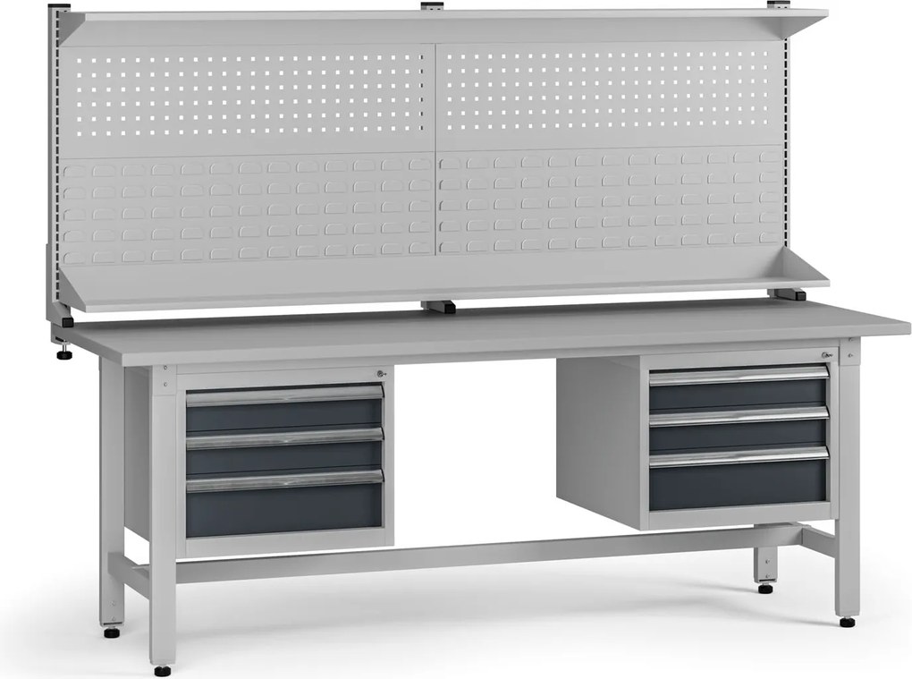 Výškovo nastaviteľný dielenský stôl G5 s nadstavbou, 2100 x 750 x 800-1000 mm, 2x kontajner, 6 zásuviek, grafit