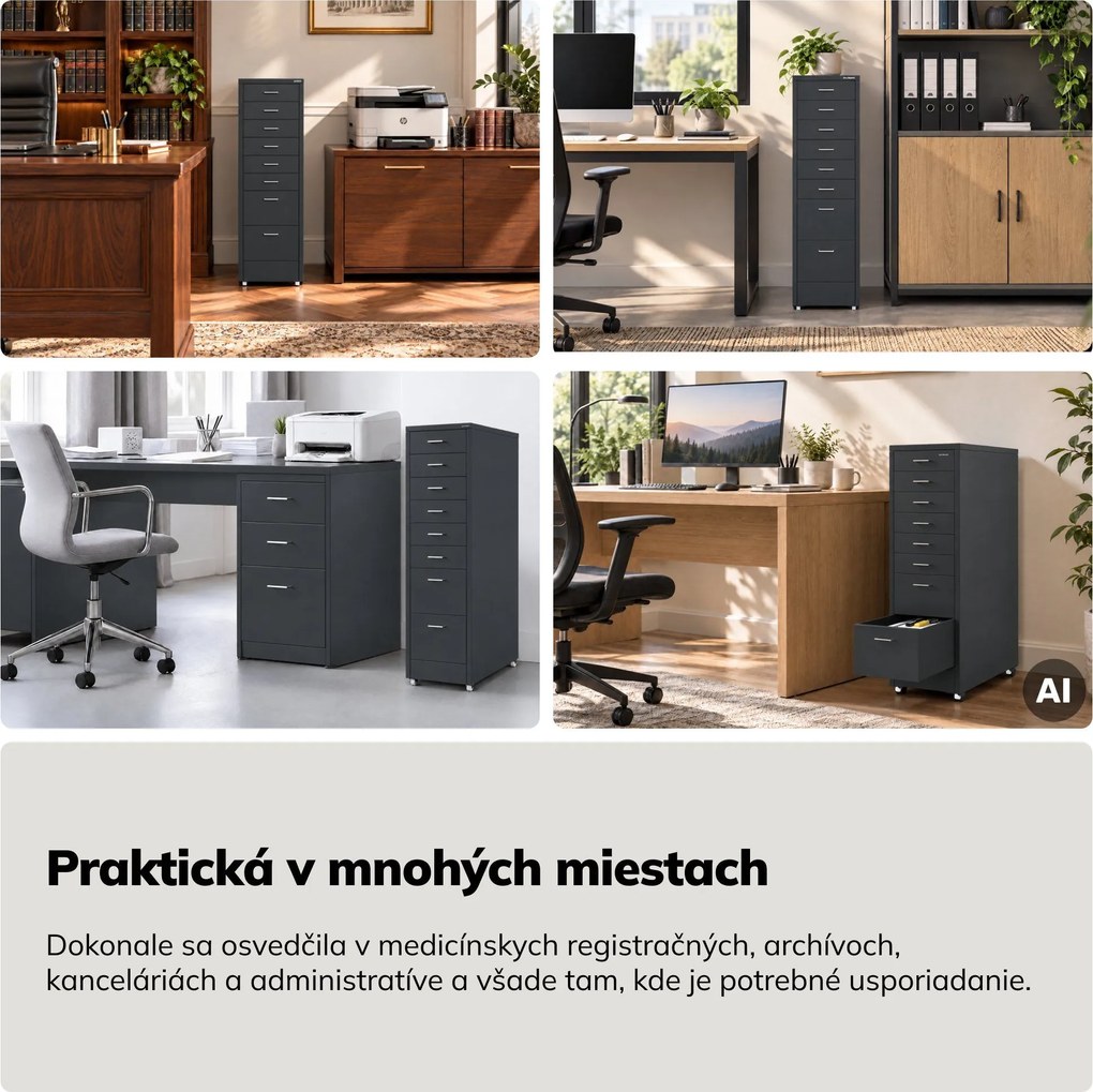 Kartotéková skrinka na kolieskach, kovová, 8 zásuviek, na dokumenty, antracitová, 300x1100x600 mm: SARA V8
