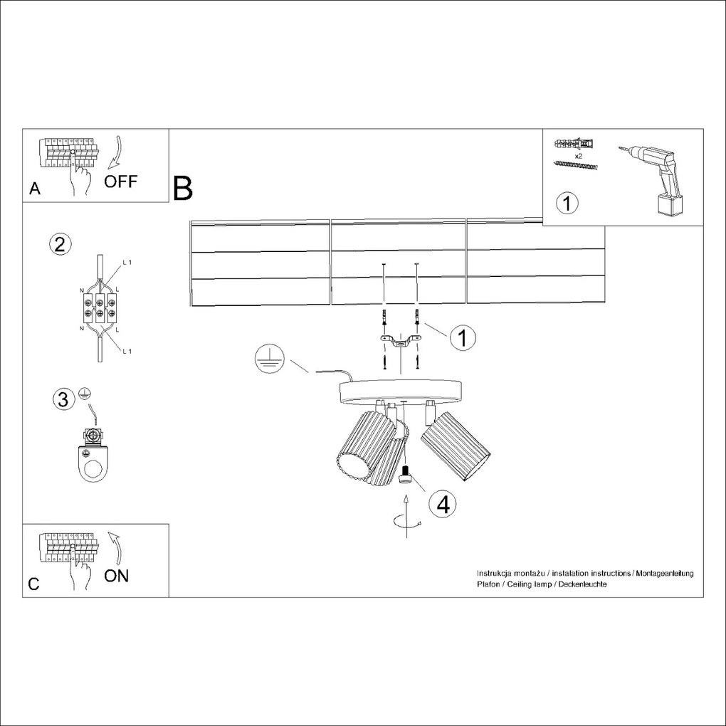 Stropné svietidlo Karbon, 3x zlaté kovové tienidlo, (možnosť polohovania)