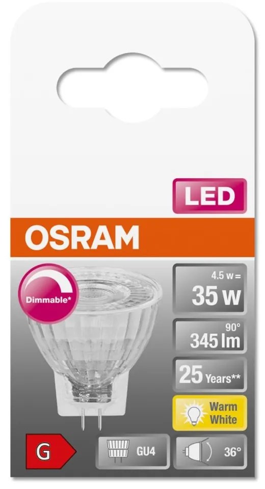 LED žiarovka GU4 MR11 4,5W = 35W 345lm 2700K Warm 36° 12V CRI90 Stmievateľná OSRAM SUPER STAR