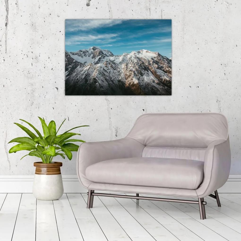 Sklenený obraz zasnežených vrcholkov, Fiordland (70x50 cm)