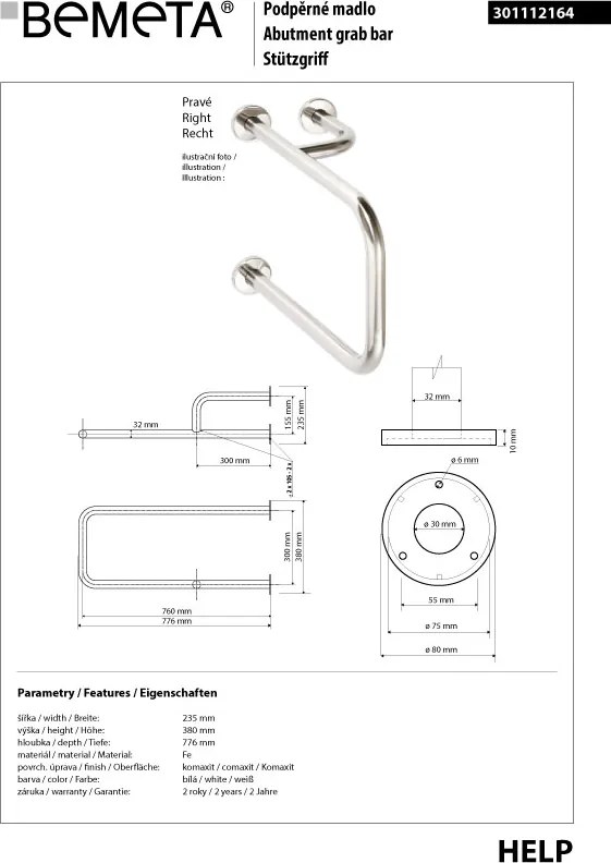 Bemeta Design HELP: Madlo, s dvojitým kotvením, pravé, bez krytky, biele - 301112164