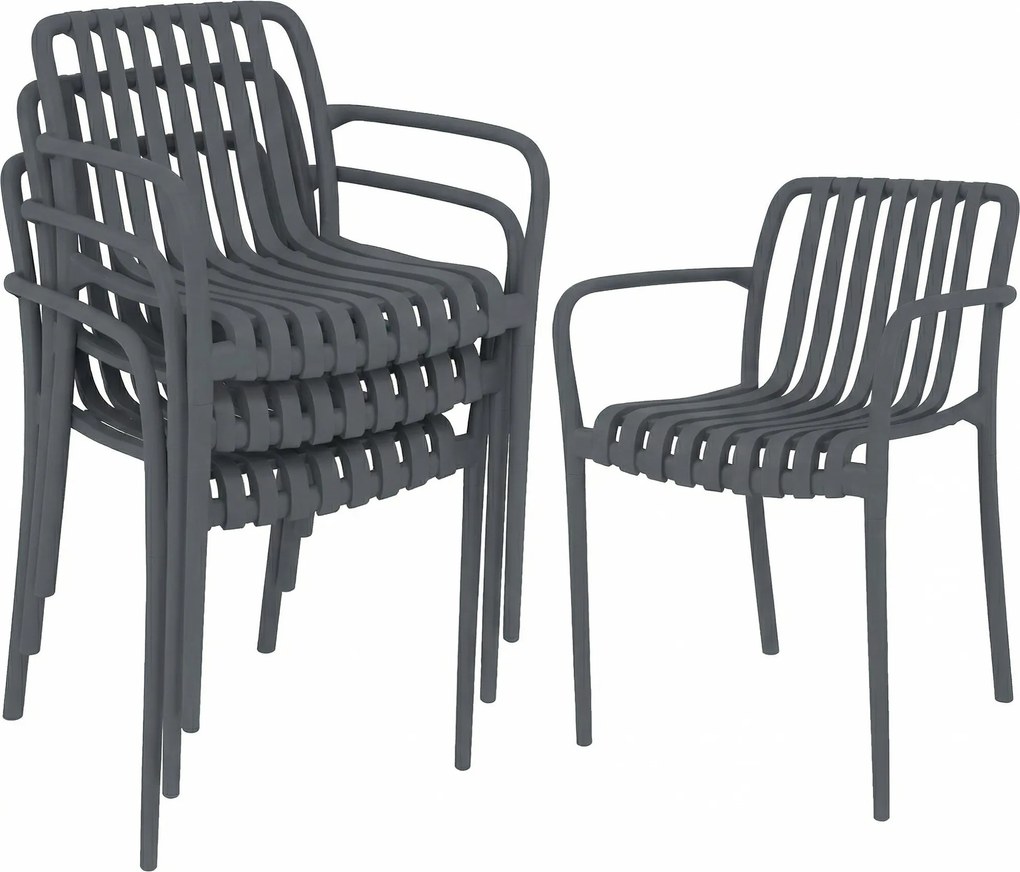 Outsunny 4-dielne stohovateľné stoličky na terasu – lamelový dizajn s opierkami, ergonomické stoličky do záhrady a na balkón, nosnosť 120 kg, tmavosiv